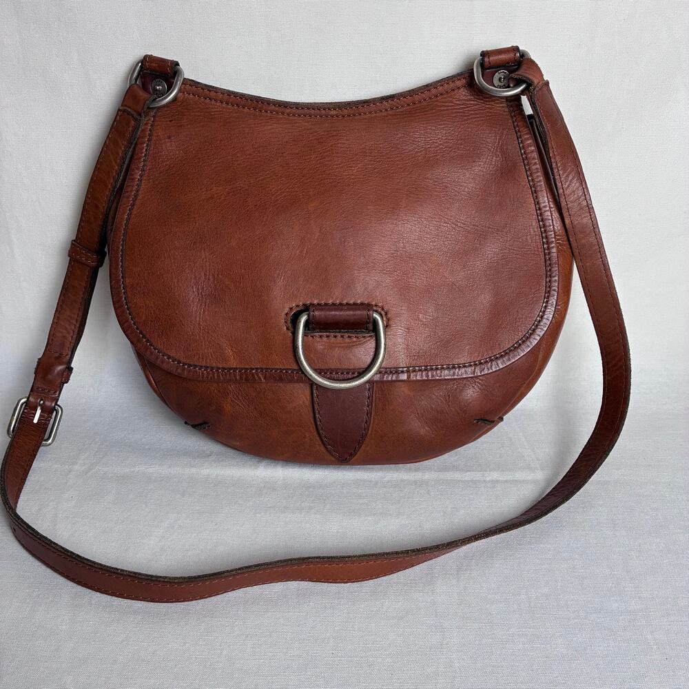 FRYE Cognac Brown Leather Ring Saddle Bag Crossbody Purse Flap Over Shoulder Bag